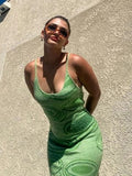 FSDA 2023 Print Knit Bodycon Dress Women Green Summer Hollow Out Sexy Sleeveless Spaghetti Strap Beach Midi Dresses Party