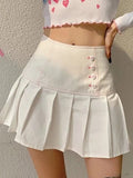 ALLNeon Kawaii Fashion Buttons White Pleated Skirts Aesthetics Zipper Patchwork High Waist Mini Skirt 2000s Fashion Outfits