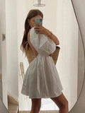 Cryptographic White Sexy Backless Lace Up Mini Dresses Puff Sleeve Sweet Dress Summer Holiday Sundress Elegant Dress Clothes