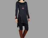 Black cotton dress, long sleeves tunic dress, crew neck asymmetric T-shirt, Tunic Top for leggings, patchwork dress(Y1099)