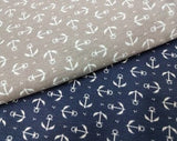 STOF France, KNIT, Nautical Anchor on Navy or Grey Fabric Knit, 4 way stretch spandex By the Yard