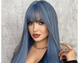 Yiwigs kanekalon fasion wig Blue Long Straight Wig with Bangs,  Bachelorette Party Wig for White Women, Wig for Women,Gift for her,21