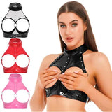 Womens Wet Look Patent Leather Bralette Backless Open Bust Cupless Bra Crop Tops