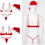 Women Christmas Lingerie Fluffy Cupless Underwire Bra Top with G-string Hat