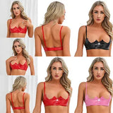 Women's Patent Leather Cupless Bra Tops V-notch Underwired Bralette Crop Tops