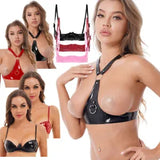 Women Wet Look Open Nipples Bra Tops Bare Cupless Shelf Bra Wireless Bralette