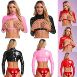 Womens Leather Shrug Cut Out Cupless Long Sleeve Sexy Crop Top with Metal Chains