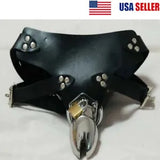 Chrome Metal Chastity Cage Device PU Leather Belt Pants Bondage Men Restraint SM