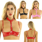 Women's Patent Leather Bra Tops Halter Hollow Out Cupless Lingerie Bralette Tops