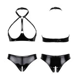 Womens Patent Leather Lingerie Set Bra Top+Briefs Thongs Cupless Underwear Sexy
