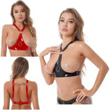 Womens Patent Leather Cupless Bra Bustier Push Up Cage Harness Crop Top Lingerie