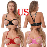 US Women Sexy Wet Look Leather Cupless Bras Adjustable Strap Hollow Out Crop Top