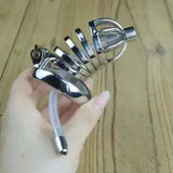 Male Long Chastity Cage With Urethral Tube Stainless Steel Auxiliary Belt Device