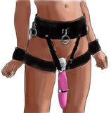 Female Chastity Panties Wand Holder Harness Hand cuffs thigh PU Leather Bondage