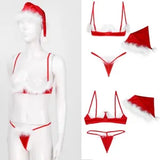 Women's Bra Top with G-string and Hat Feather Trim Christmas Cupless Underwire
