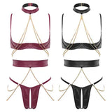 Womens Lingerie Set Teddy Thong Suit Choker 4-Piece Cupless PU Leather Backless