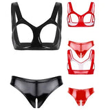 Womens Cupless Caged Bra and Panty Set PVC Leather Halter Neck Harness Lingerie