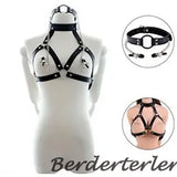 PU Leather Cupless Bra Mouth Ring Gags Clamps&Chain Restraints Harness Female