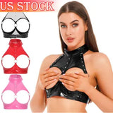 US Women Shiny Leather Cupless Bra Tops O Ring Halter Lingerie Camisole Clubwear