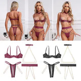Womens 4-Piece Cupless Thong Suit Hollow Out Lingerie Set Backless Bra Set Sexy