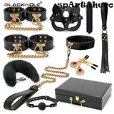Black Genuine Leather Restraint Kits Set Handcuffs Collar Gag For Women Couples