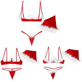 Women's Xmas Outfits Cupless Top And G-string Thongs Santa Claus Lingerie Set
